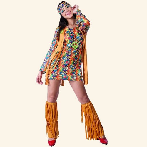 Déguisement Hippie Femme Années 70 | Gilet Franges + Accessoires | Pour Carnaval Halloween