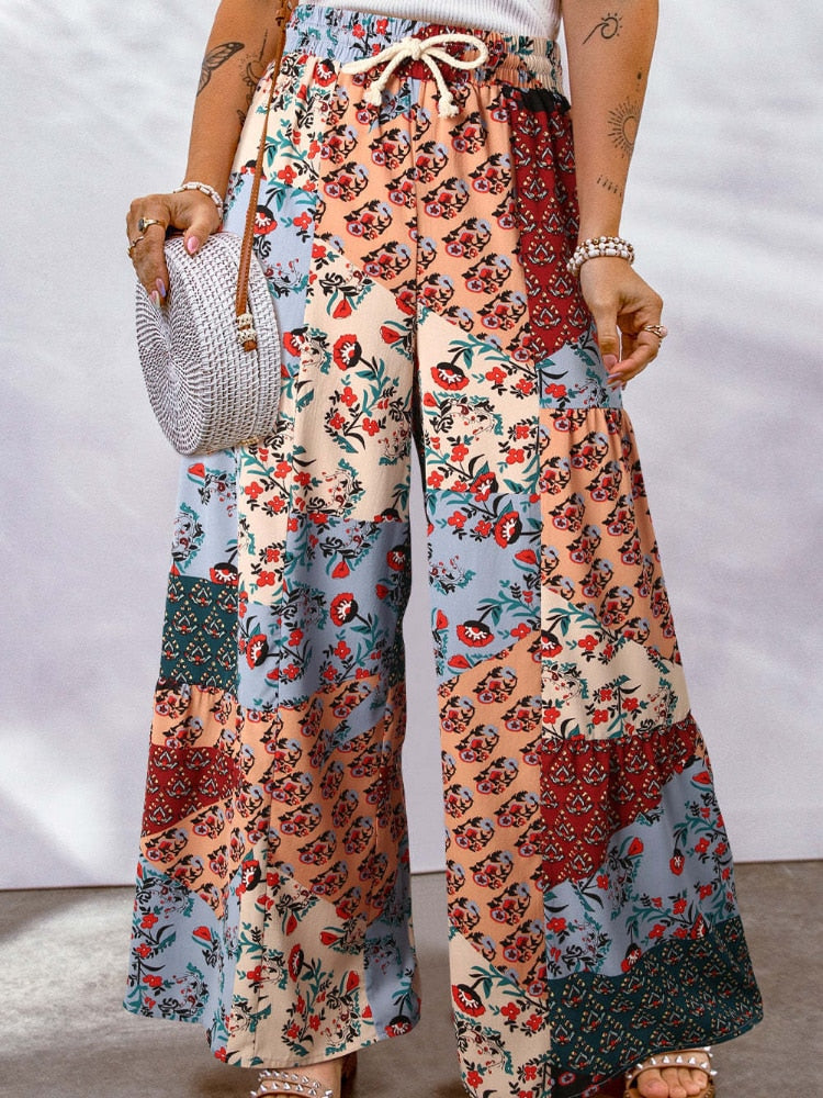 Pantalon De Survêtement Femme Bleu Coloré Style Hippie Baggy Décontracté - Confortable Yoga Sport