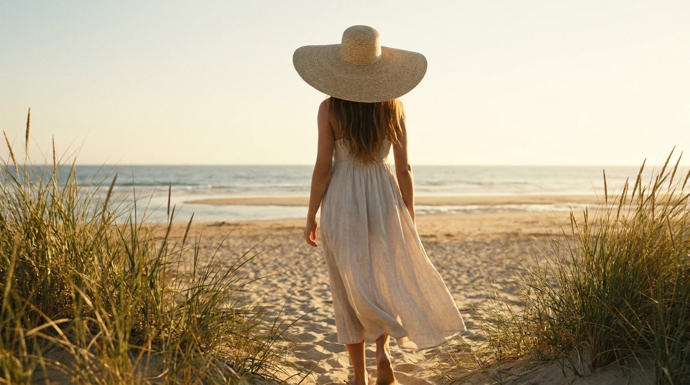 Femme de dos en chapeau de paille a large bord marchant vers la mer au coucher du soleil Image