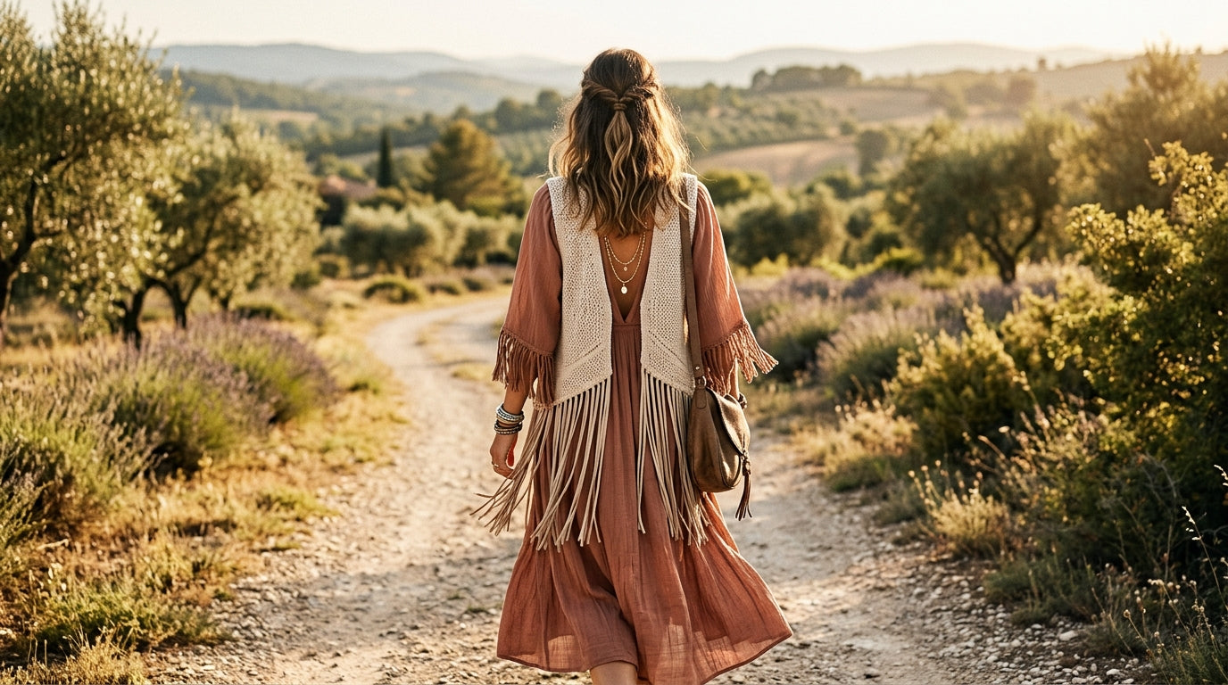 Femme de dos en tenue boheme moderne, lumiere doree
