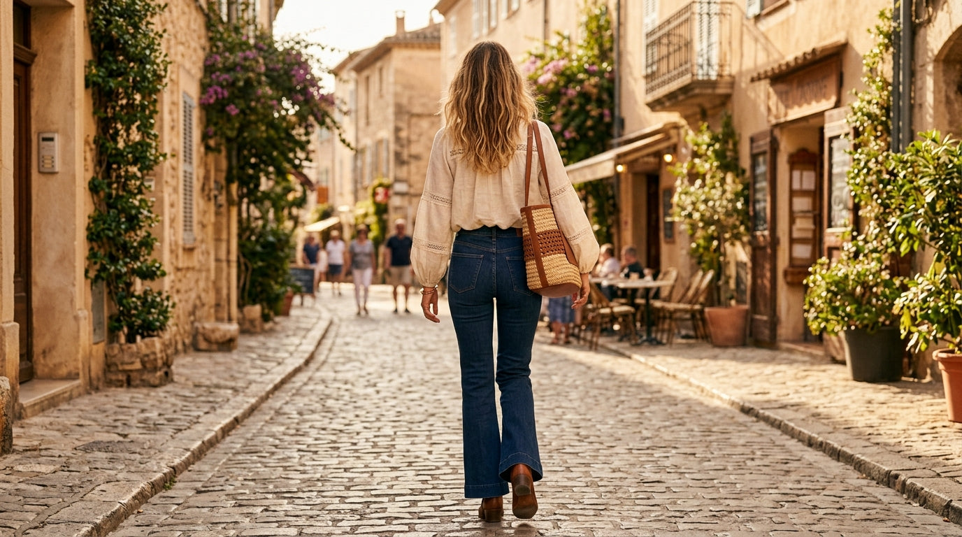 Femme de dos en tenue boheme moderne, lumiere doree Image