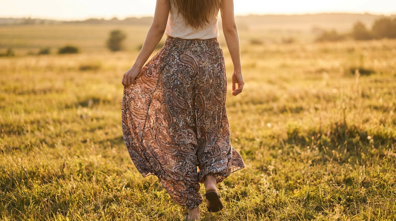 Femme de dos en tenue boheme moderne, lumiere doree