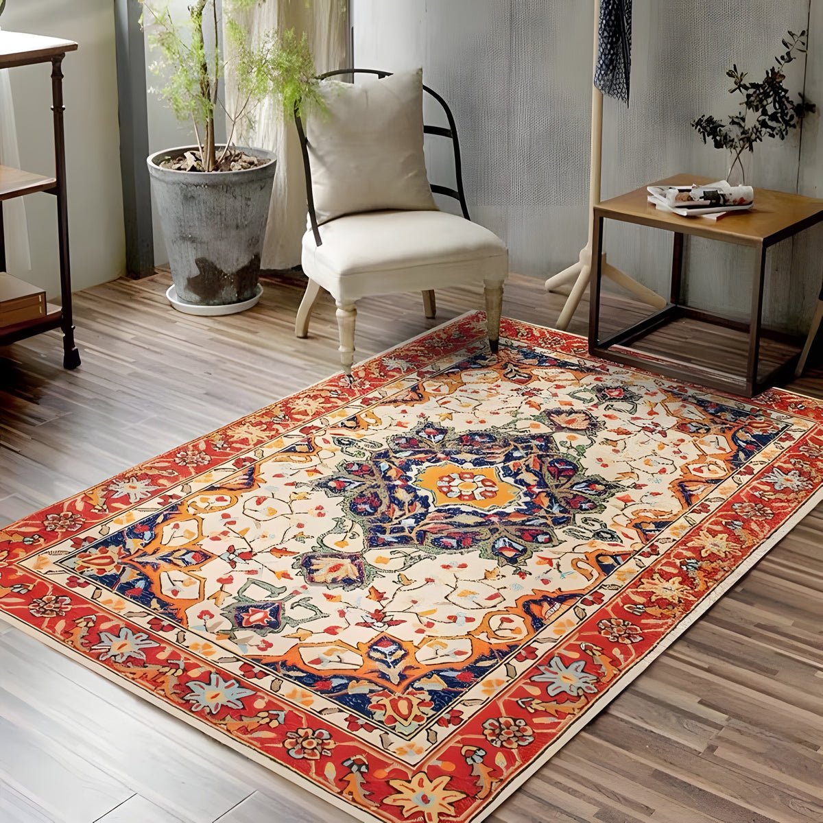 Tapis bohème persan rouge à médaillon dans un salon