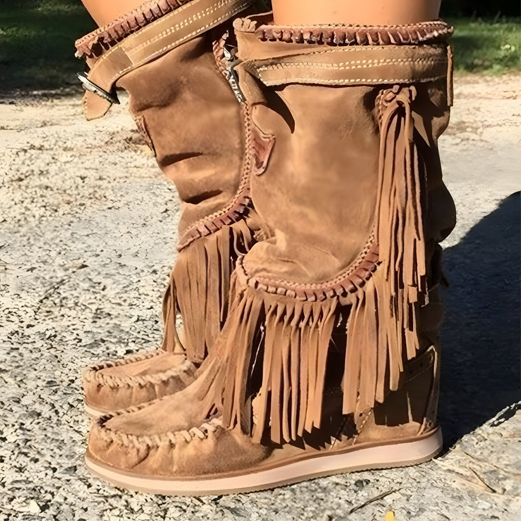 Bottes moccasin bohème en daim marron à franges