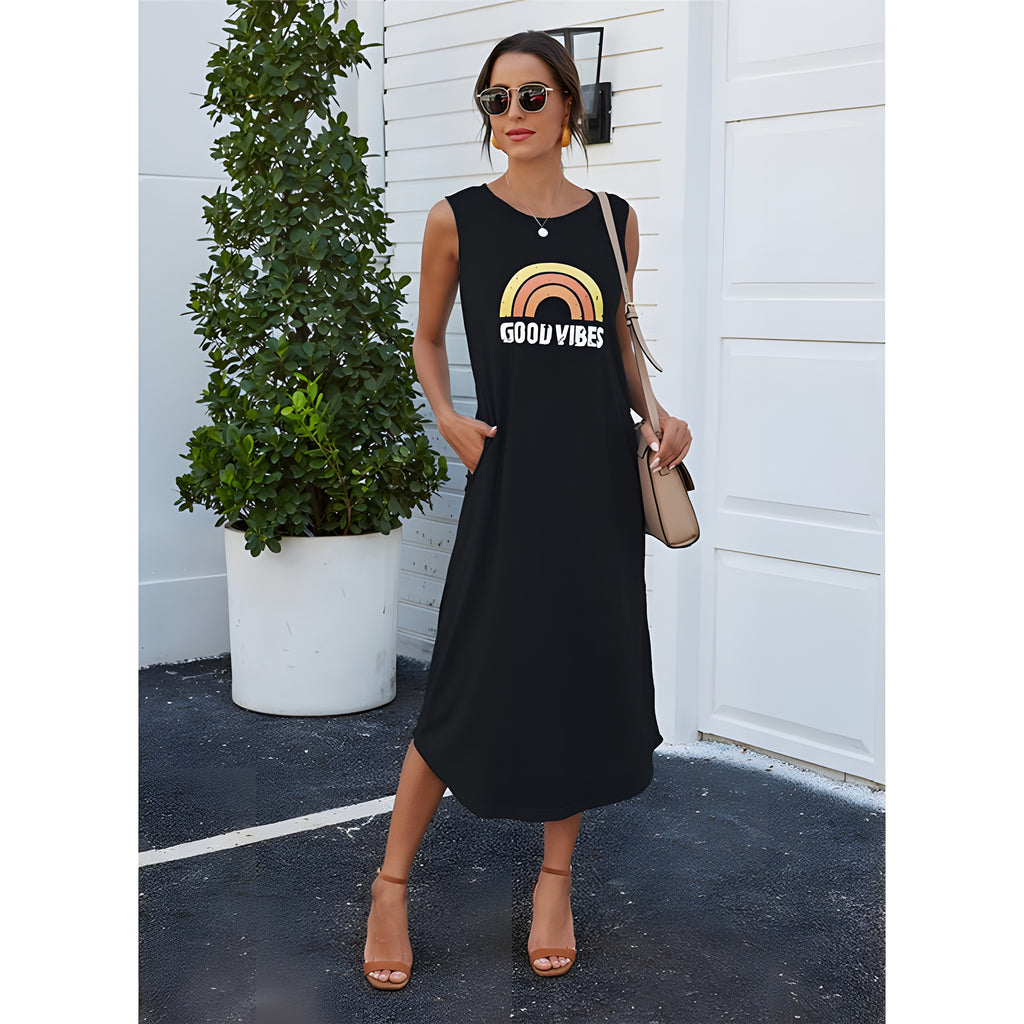 Robe longue hippie noire imprimé arc-en-ciel, poches et ourlet fendu
