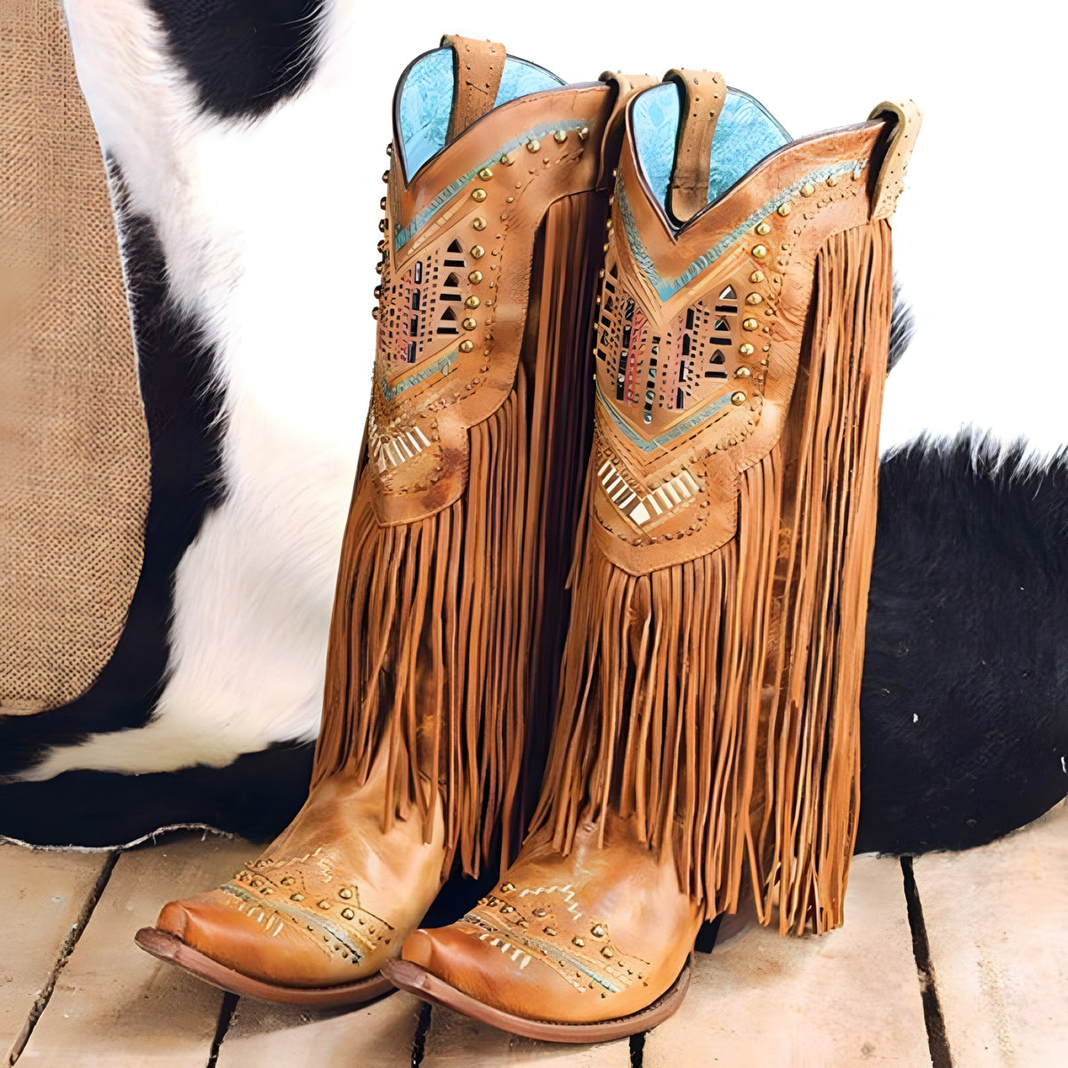 Bottes hautes bohème western à franges, cuir camel