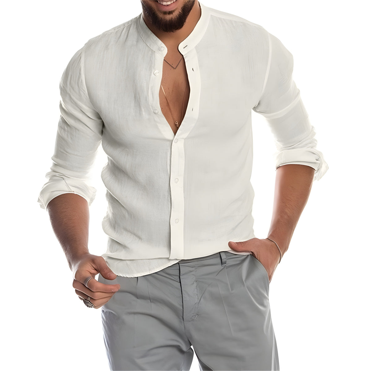 Chemise homme en lin blanc col mao boutonnage complet, manches longues