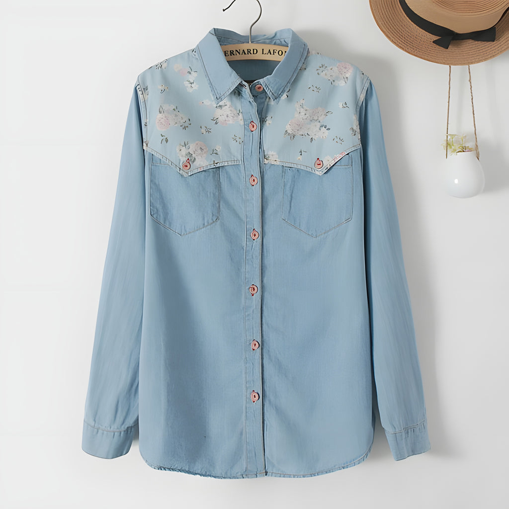 Chemise en jean femme délavé à empiècement floral et boutons roses