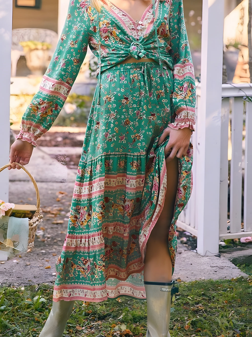 Jupe longue hippie vert émeraude fleurie portée, fente latérale et taille à lien