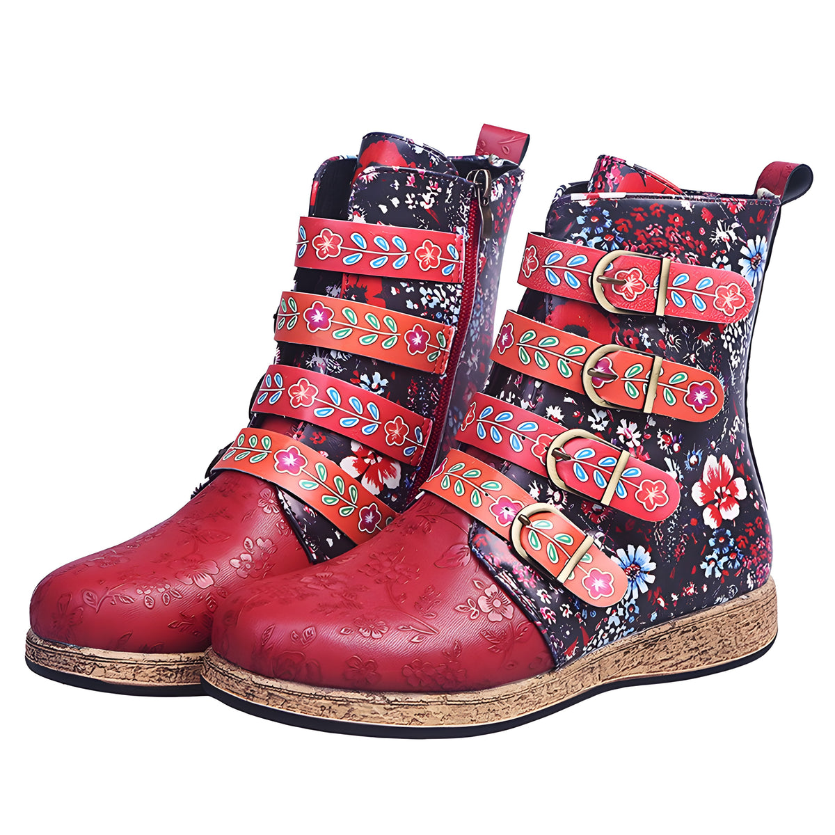 Bottines bohème rouge à fleurs, cuir gaufré et boucles peintes