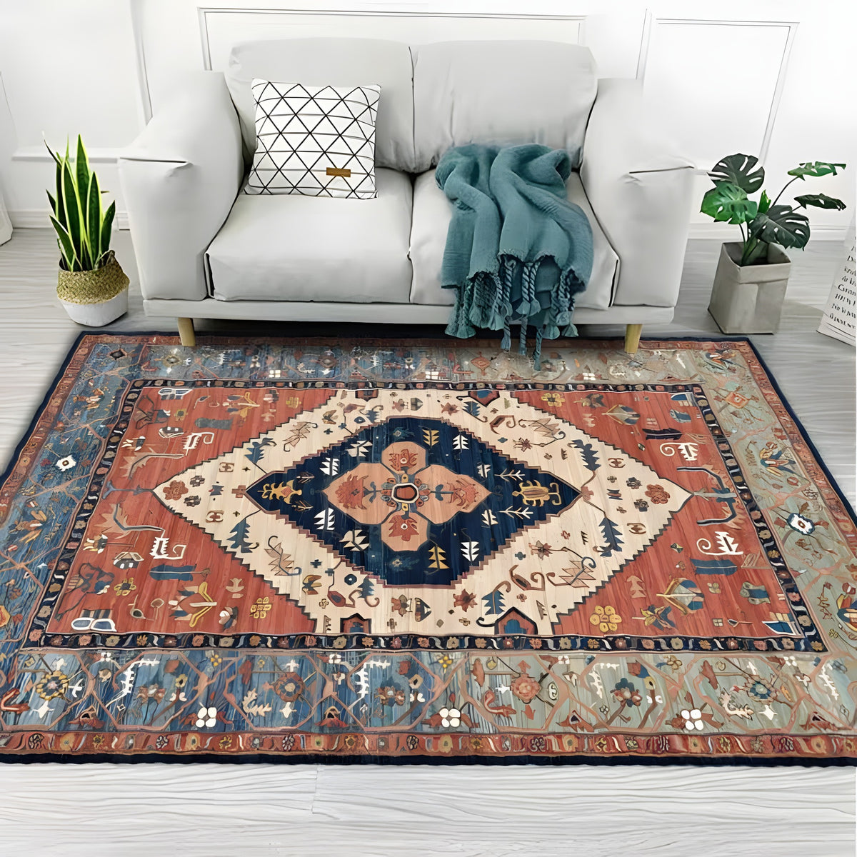 Tapis bohème persan bleu à médaillon dans un salon
