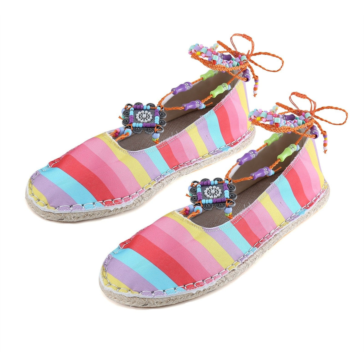 Espadrilles rayées bohème, lacets de cheville perlés