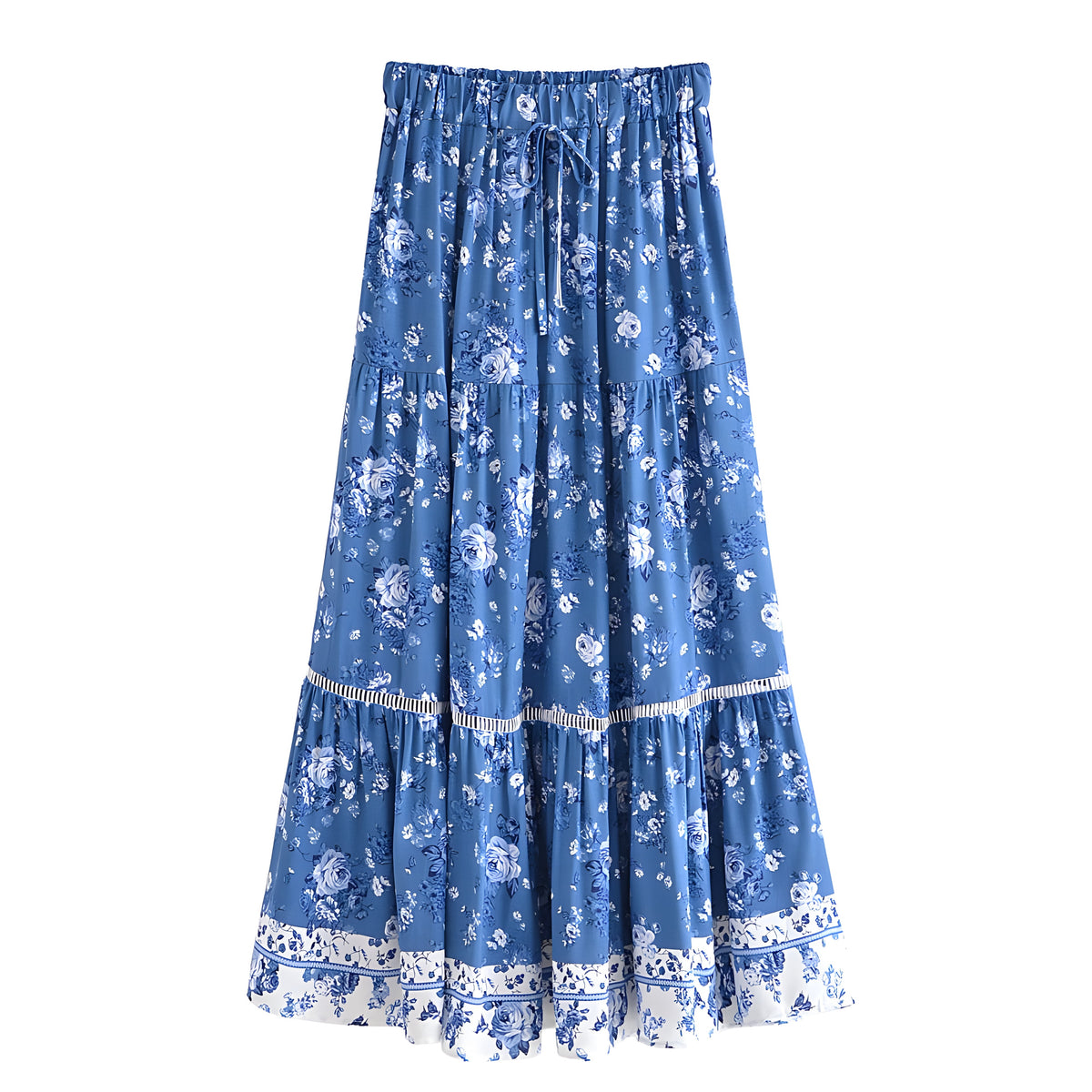 Jupe bohème bleu jean à imprimé floral, volants étagés et taille smockée
