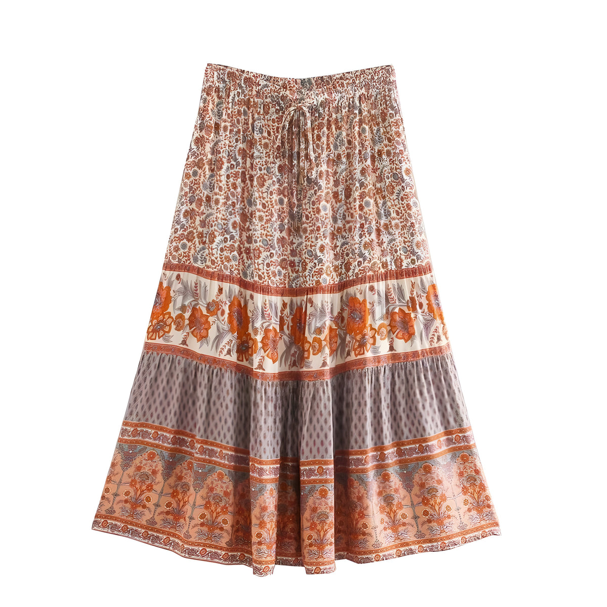 Jupe midi bohème seventies à imprimé floral, volants étagés et taille smockée