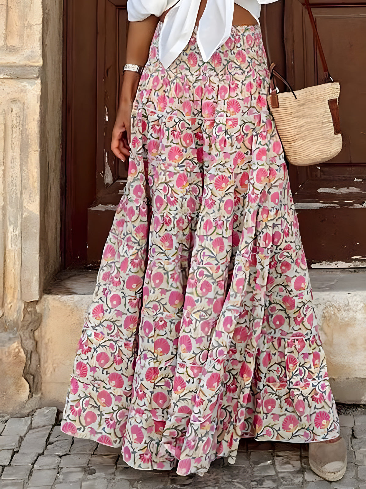 Jupe longue bohème rose à imprimé floral, coupe volumineuse en jupon