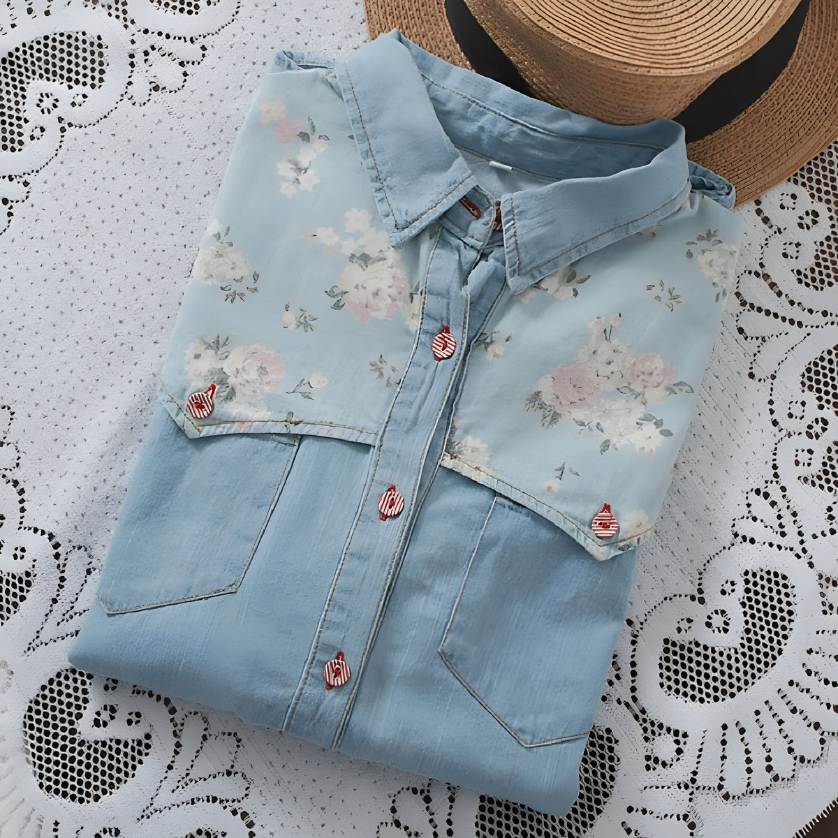 Chemise en jean femme à fleurs, deux poches poitrine à rabat