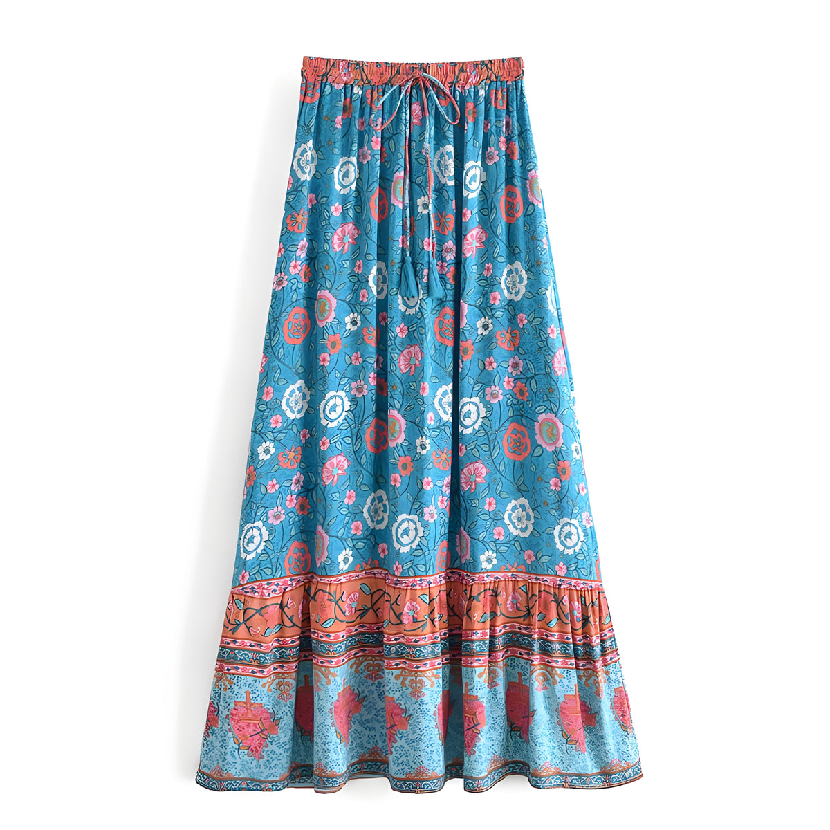 Jupe maxi bohème turquoise à imprimé floral, taille élastique à lien