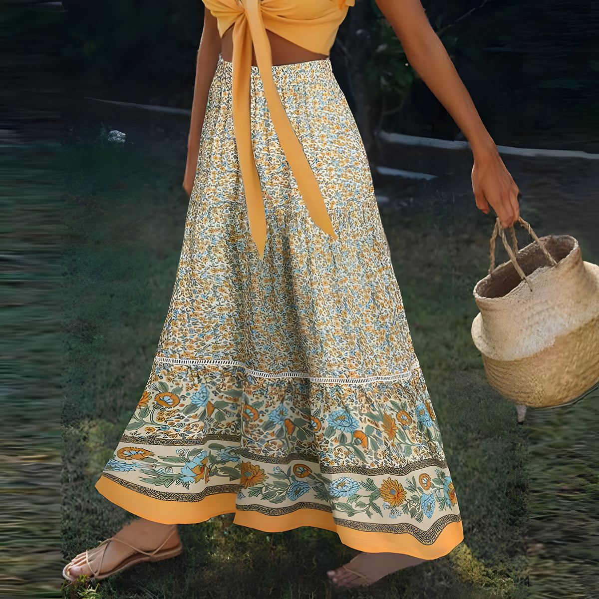Jupe longue hippie jaune fleurie, bordure ethnique et taille élastique