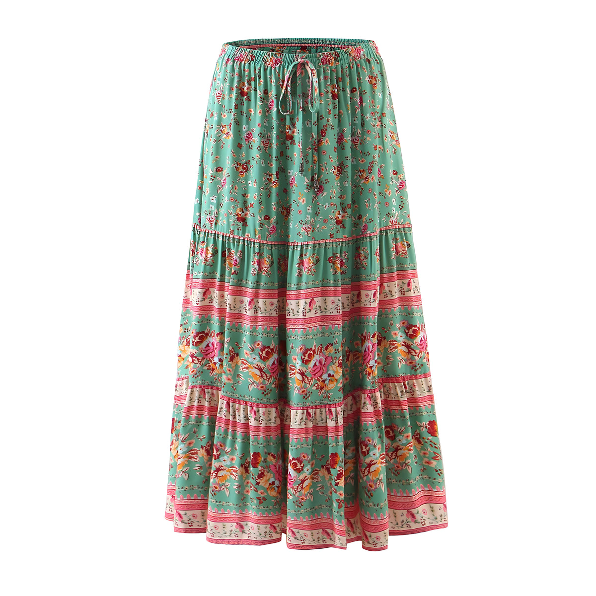 Jupe maxi bohème verte à imprimé floral et volants étagés
