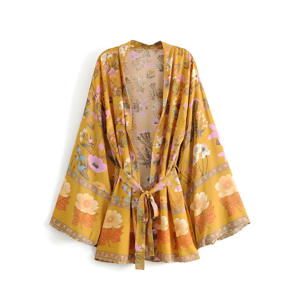 Kimono bohème moutarde à fleurs, vue de face ouvert