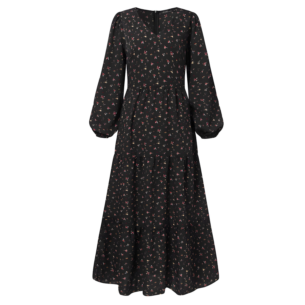 Robe longue bohème noire à fleurs, col V et manches ballon