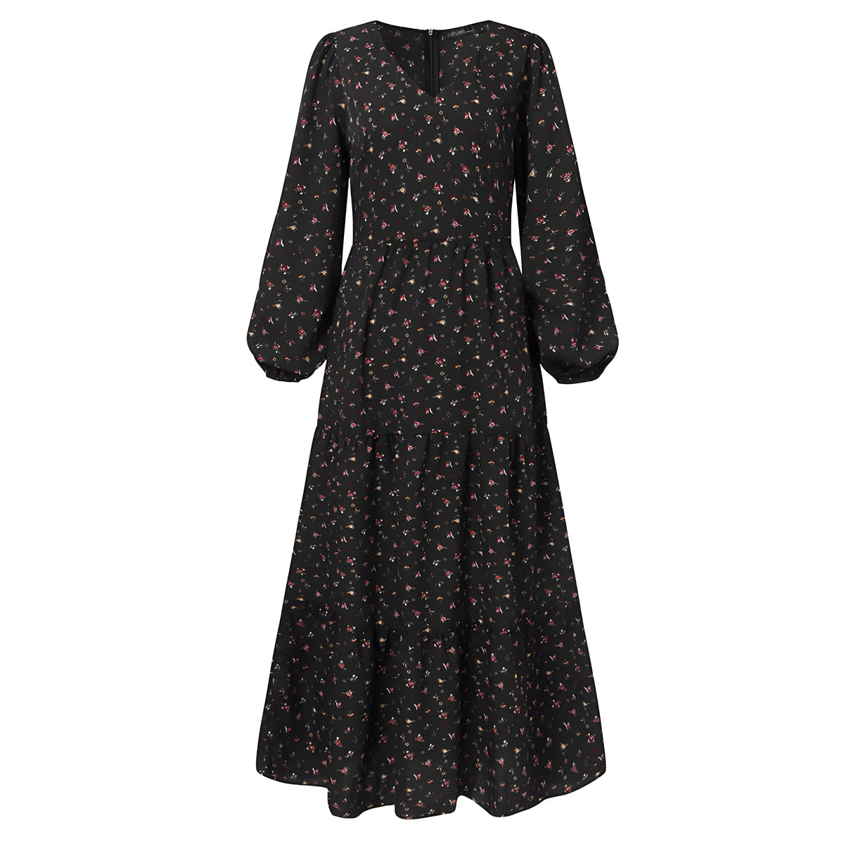 Robe longue bohème noire à fleurs, col V et manches ballon