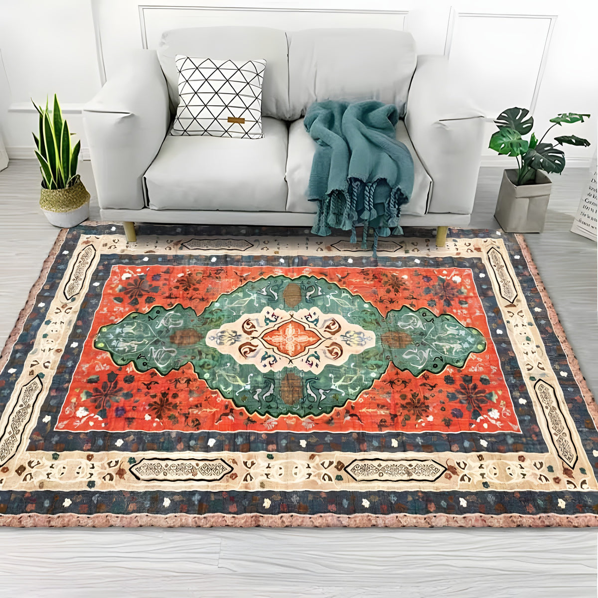 Tapis bohème persan terracotta à médaillon dans un salon