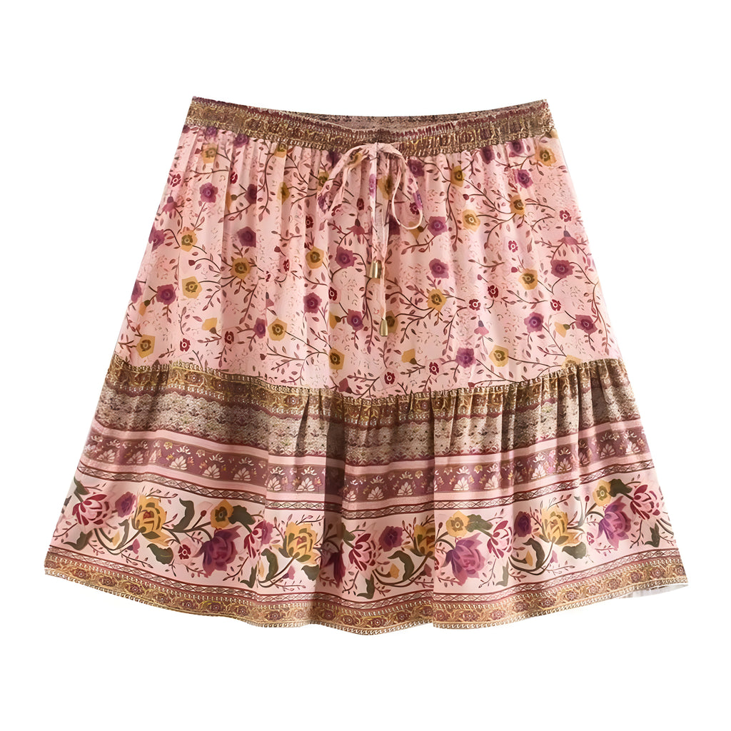 Mini-jupe bohème rose à imprimé floral, taille élastique à pompons et volant