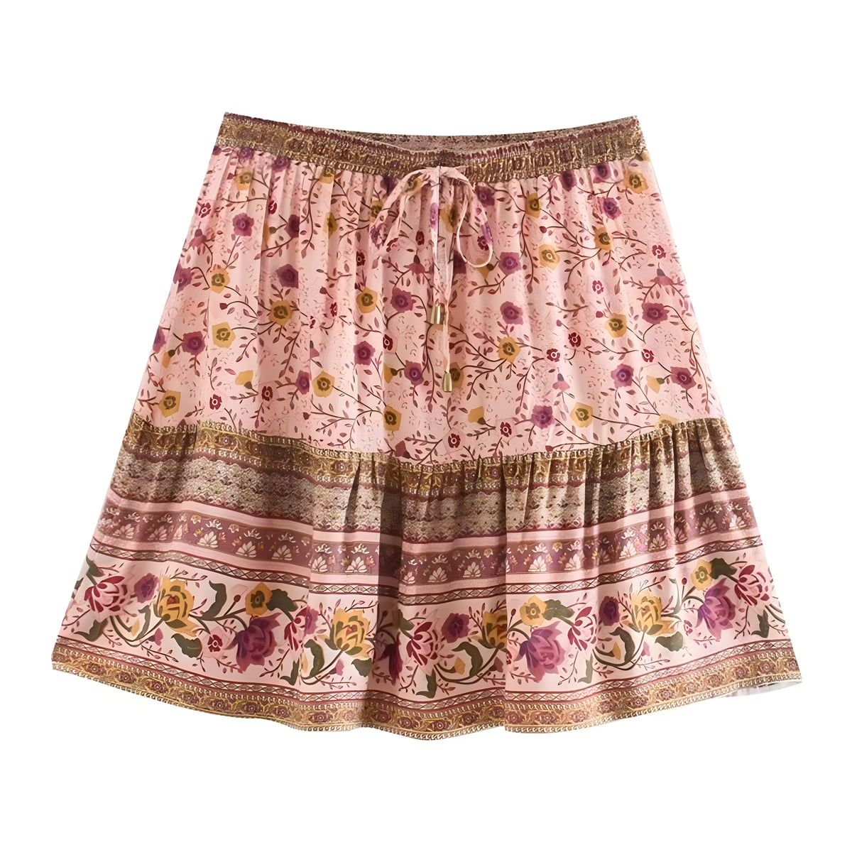 Mini-jupe bohème rose à imprimé floral, taille élastique à pompons et volant
