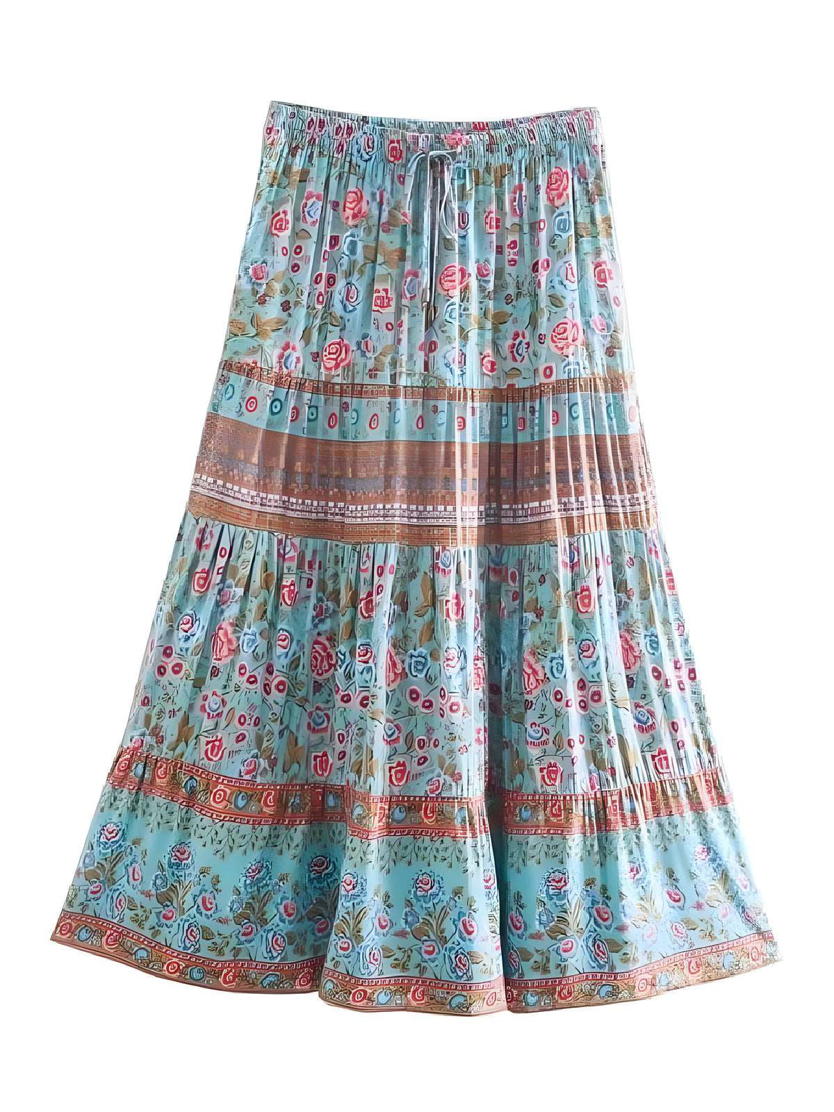 Jupe maxi bohème turquoise à imprimé floral, volants étagés et bordures ethniques