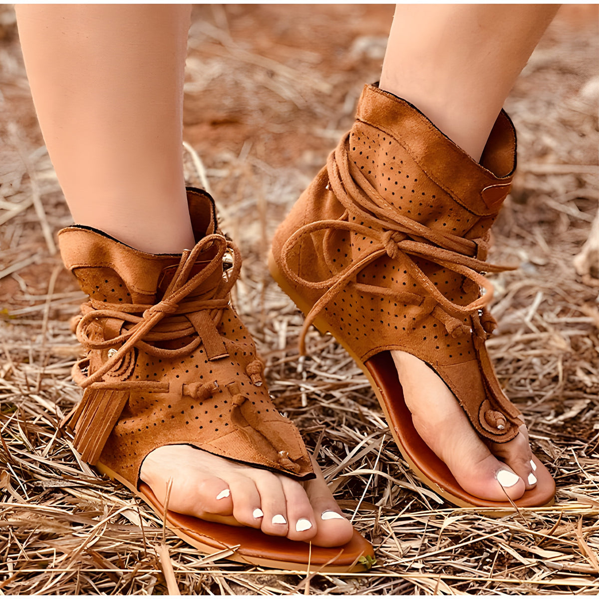 Sandales bohème daim, détail laçage et franges