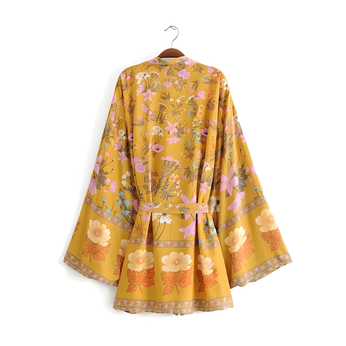 Kimono bohème moutarde à fleurs, vue de dos