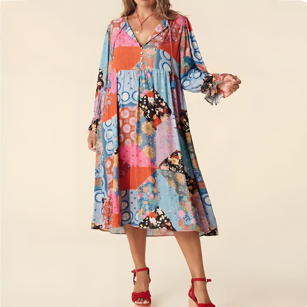 Robe midi bohème patchwork floral multicolore, décolleté V et manches bouffantes