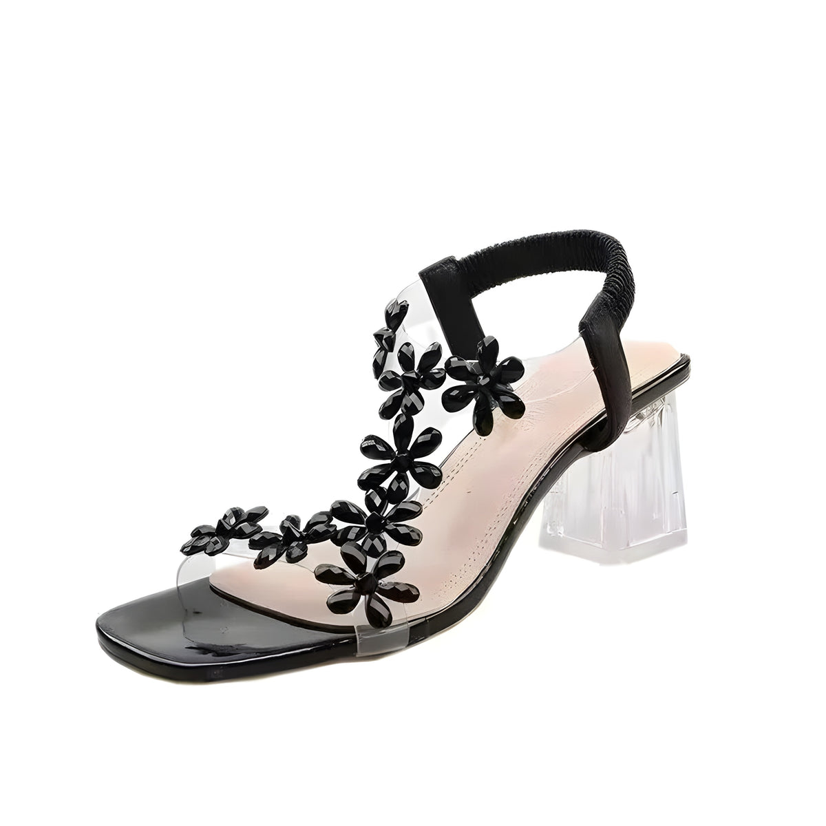 Sandale à talon transparent et fleurs de cristal noires, profil
