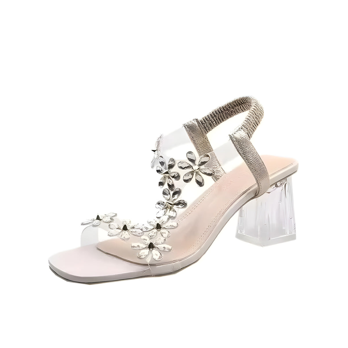 Sandale à talon transparent et fleurs de cristal dorées, profil