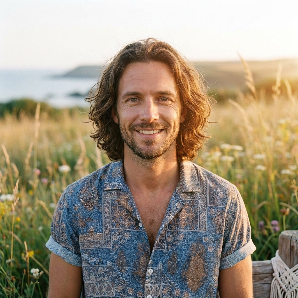 Homme souriant portant la chemise hippie col cubain motif bandana dans un champ de fleurs