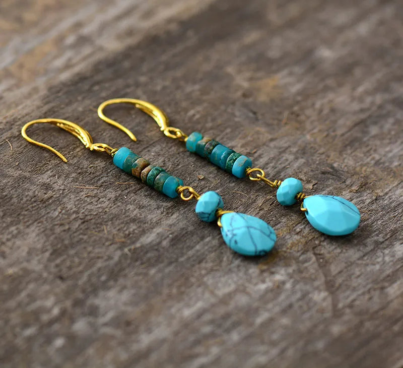 Boucles d'Oreilles Pendantes Turquoise et Doré