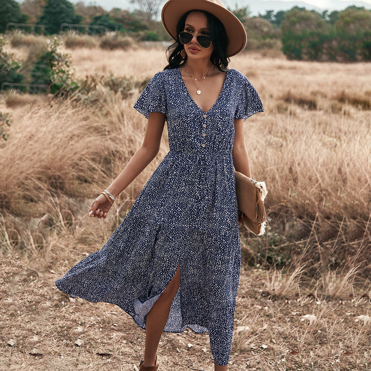 Robe Hippie Chic Hiver · Col V Moucheté