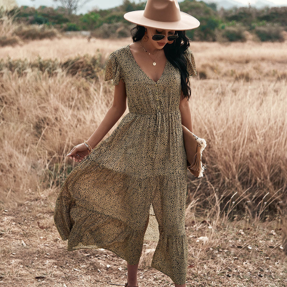 Robe Hippie Chic Hiver · Col V Moucheté