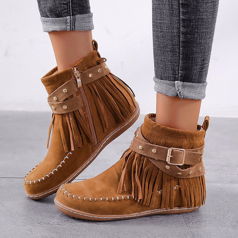 Chaussure Année 70 Hippie à Franges en Suédine Camel