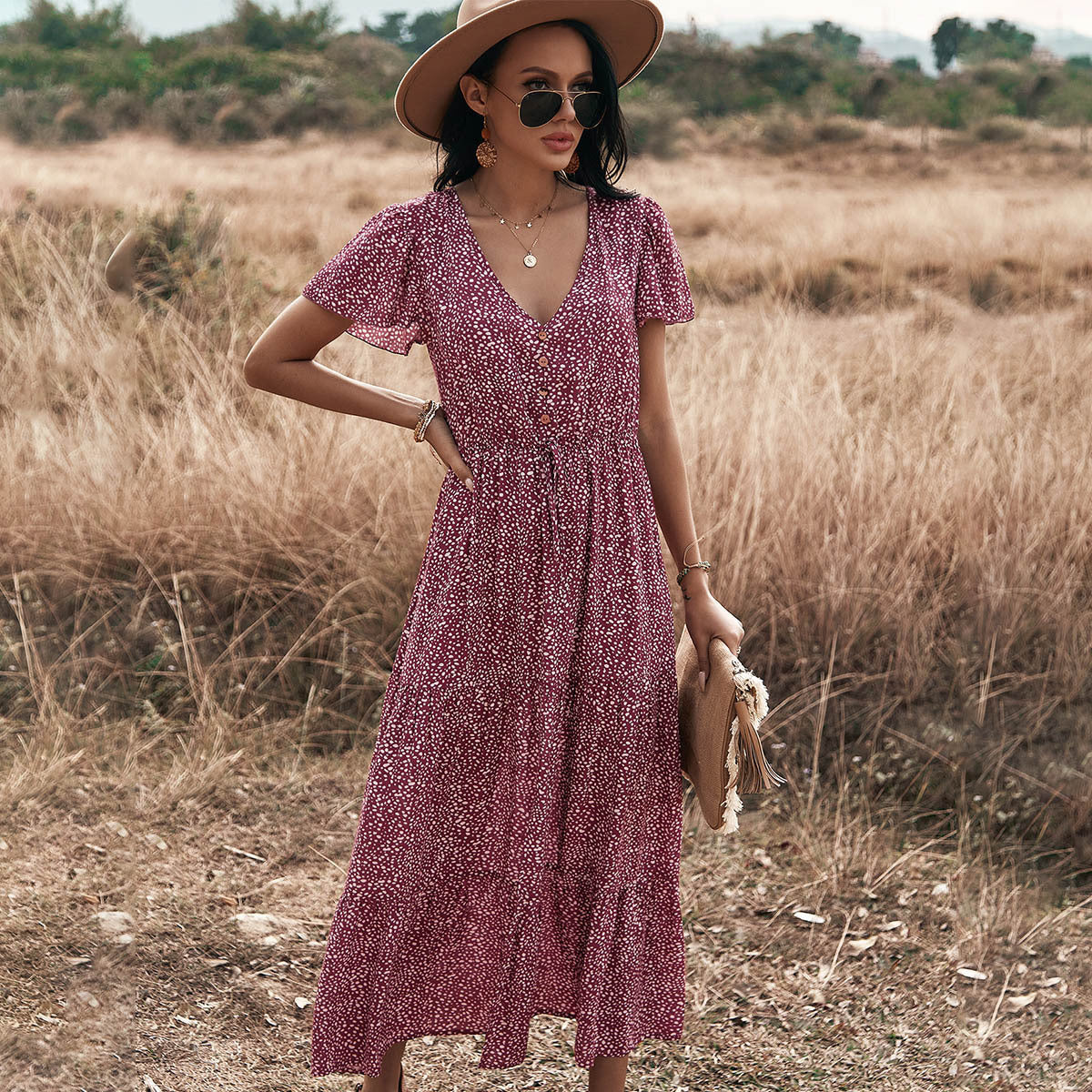 Robe Hippie Chic Hiver · Col V Moucheté