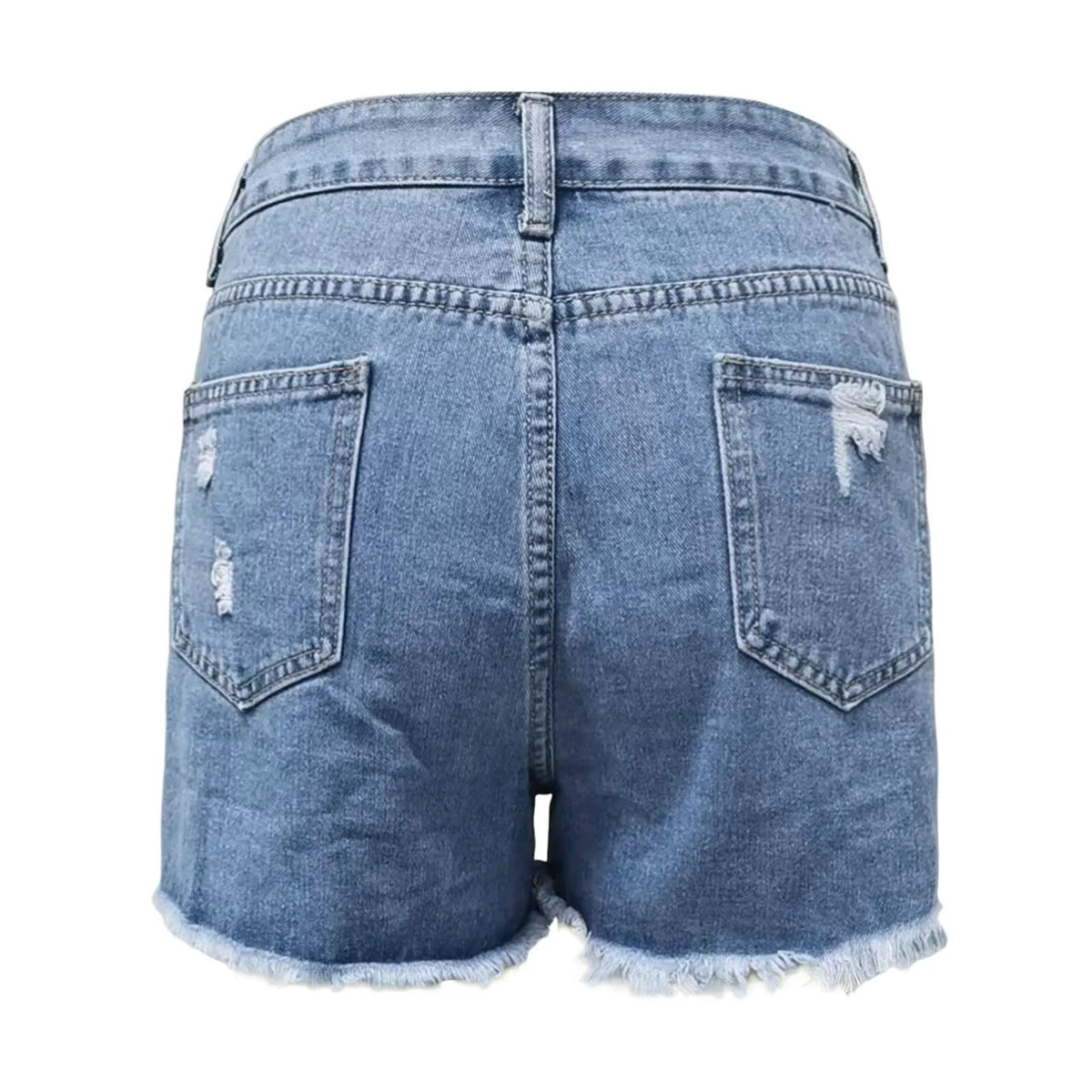Short en jean déchiré taille haute, vue de dos, ourlet effiloché et poches arrière Image