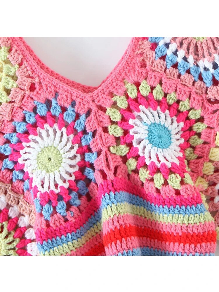 Crop Top Crochet à Fleurs Multicolores Bohème