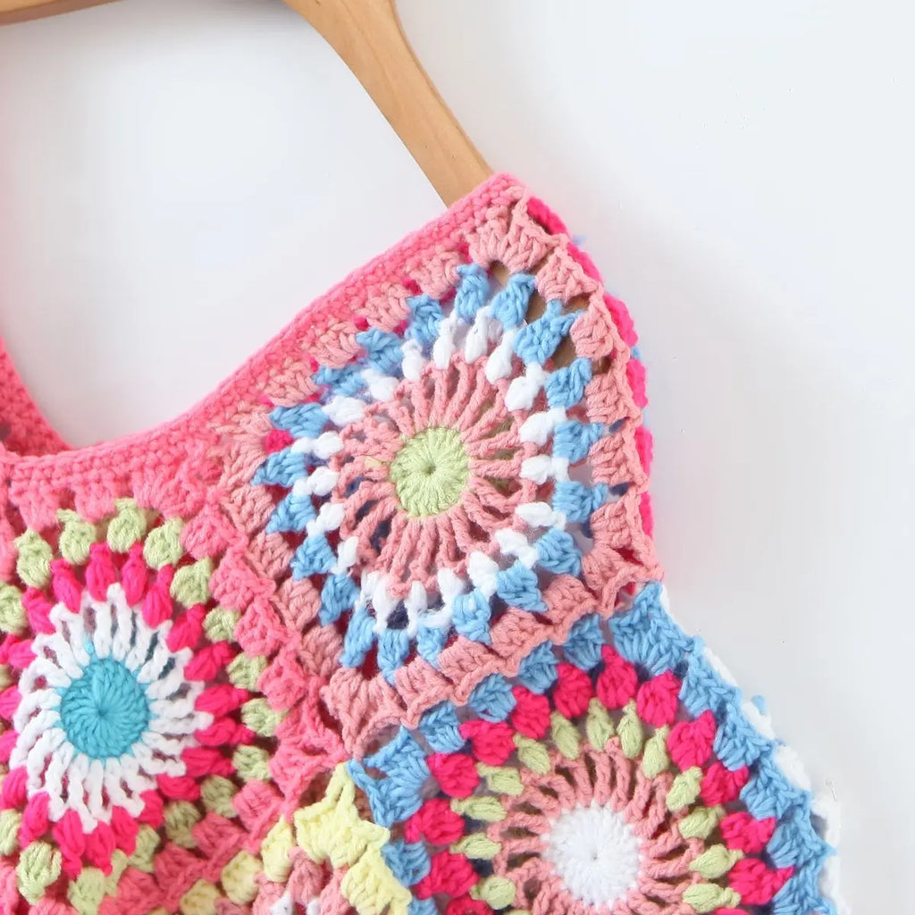 Crop Top Crochet à Fleurs Multicolores Bohème