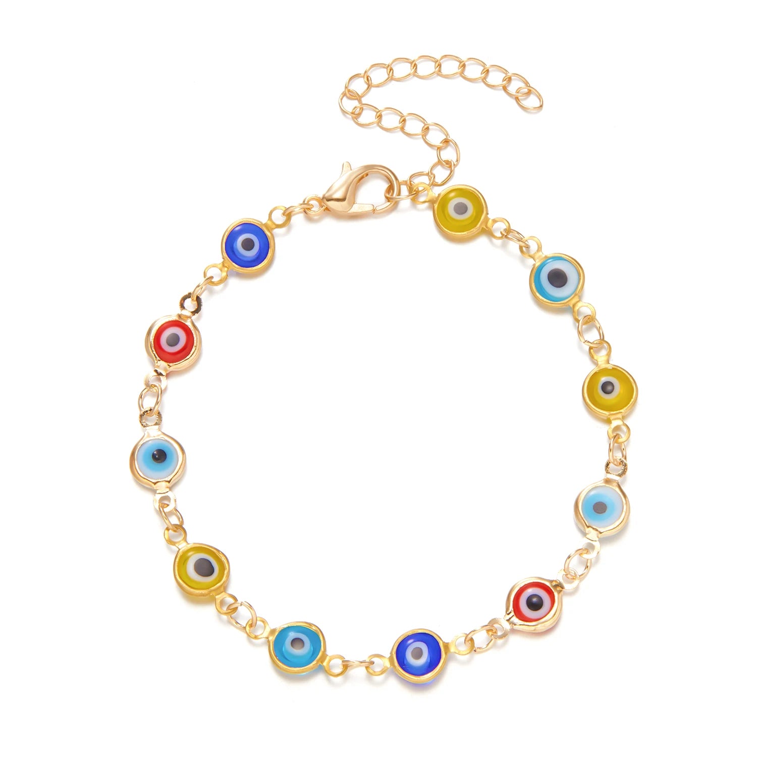 Bracelet mauvais œil multicolore à chaîne dorée, charmes œil, posé à plat Bild