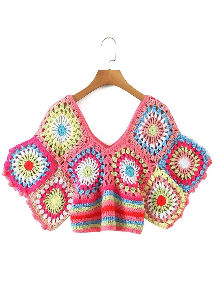 Crop Top Crochet à Fleurs Multicolores Bohème