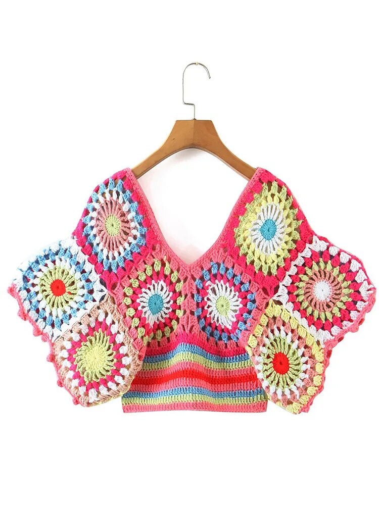Crop Top Crochet à Fleurs Multicolores Bohème