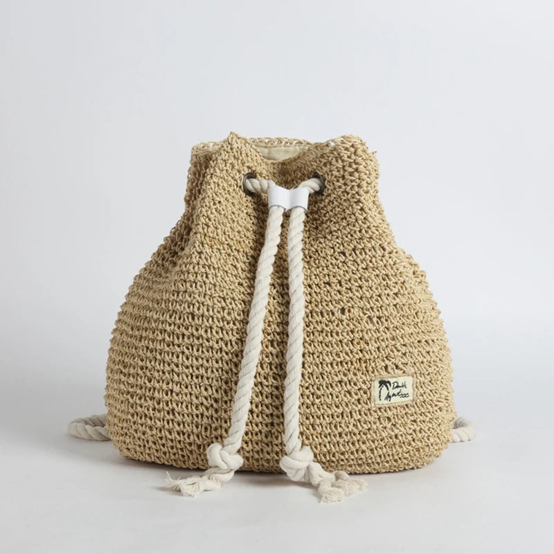 Sac à Dos Hippie en Paille Tressée, Sac Seau