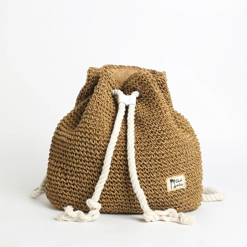 Sac à Dos Hippie en Paille Tressée, Sac Seau