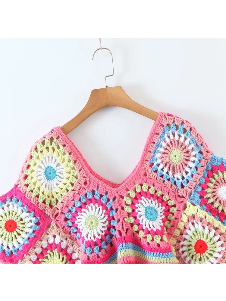 Crop Top Crochet à Fleurs Multicolores Bohème
